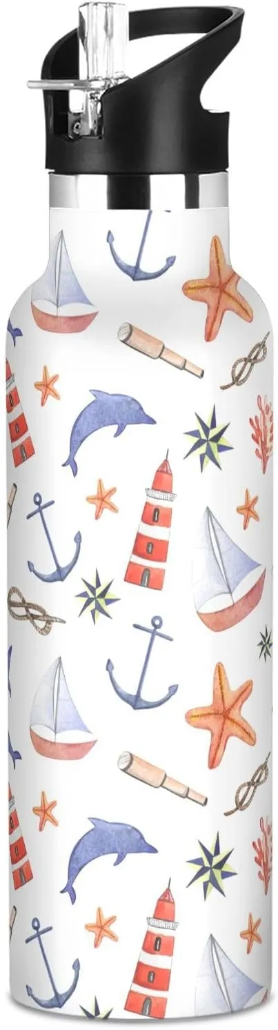 Boys Water Bottle with Straw Reusable Tumbler for Toddlers 20oz Kids Insulated Cups Leak Proof Double Wall 304 Stainless Steel Water Flask School Bottle,Watercolor Sea Nautical Anchor Dolphin