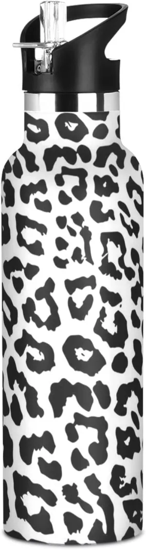 Boys Water Bottle with Straw Reusable Tumbler for Toddlers 20oz Kids Insulated Cups Leak Proof Double Wall 304 Stainless Steel Water Flask School Bottle,White Jaguar Leopard Print