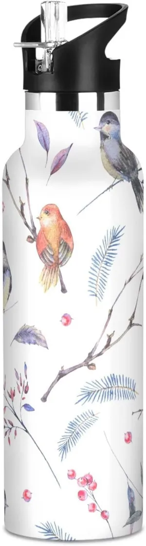 Boys Water Bottle with Straw Reusable Tumbler for Toddlers 20oz Kids Insulated Cups Leak Proof Double Wall 304 Stainless Steel Water Flask School Bottle,Winter Watercolor Birds