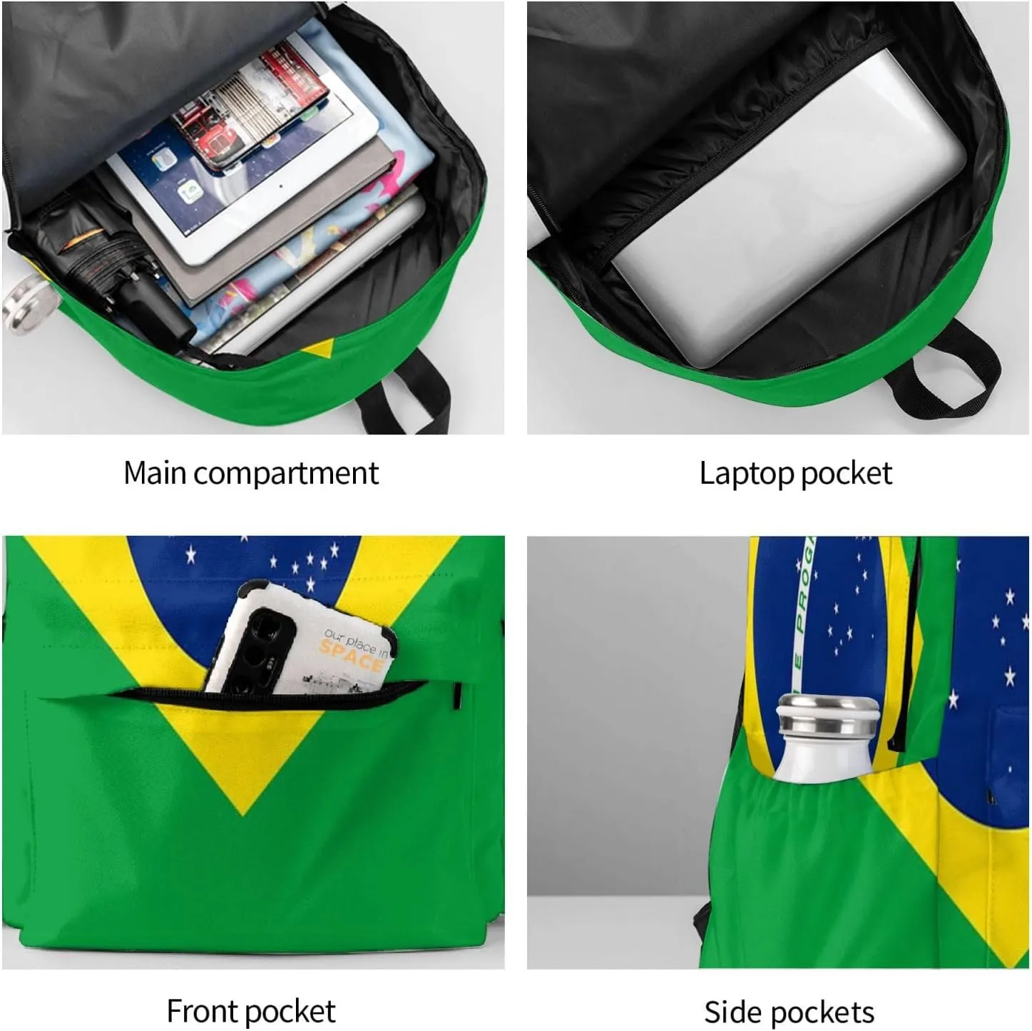 Brazil Flag Brazilian Backpack Double Shoulder Bag 15 Inch Laptop Bagpacks for Hiking Work Camping Travel