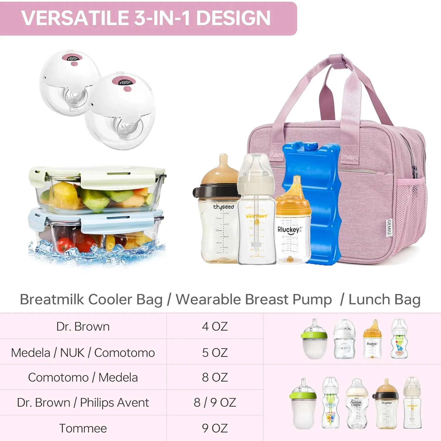 Breastmilk Cooler Bag with Ice Pack,Fits 6 Baby Bottles Up to 9 Ounce Breast Milk Cooler Travel Bag Compatible with Wearable Breast Pumps & Accessories for Nursing Mom Daycare Pink
