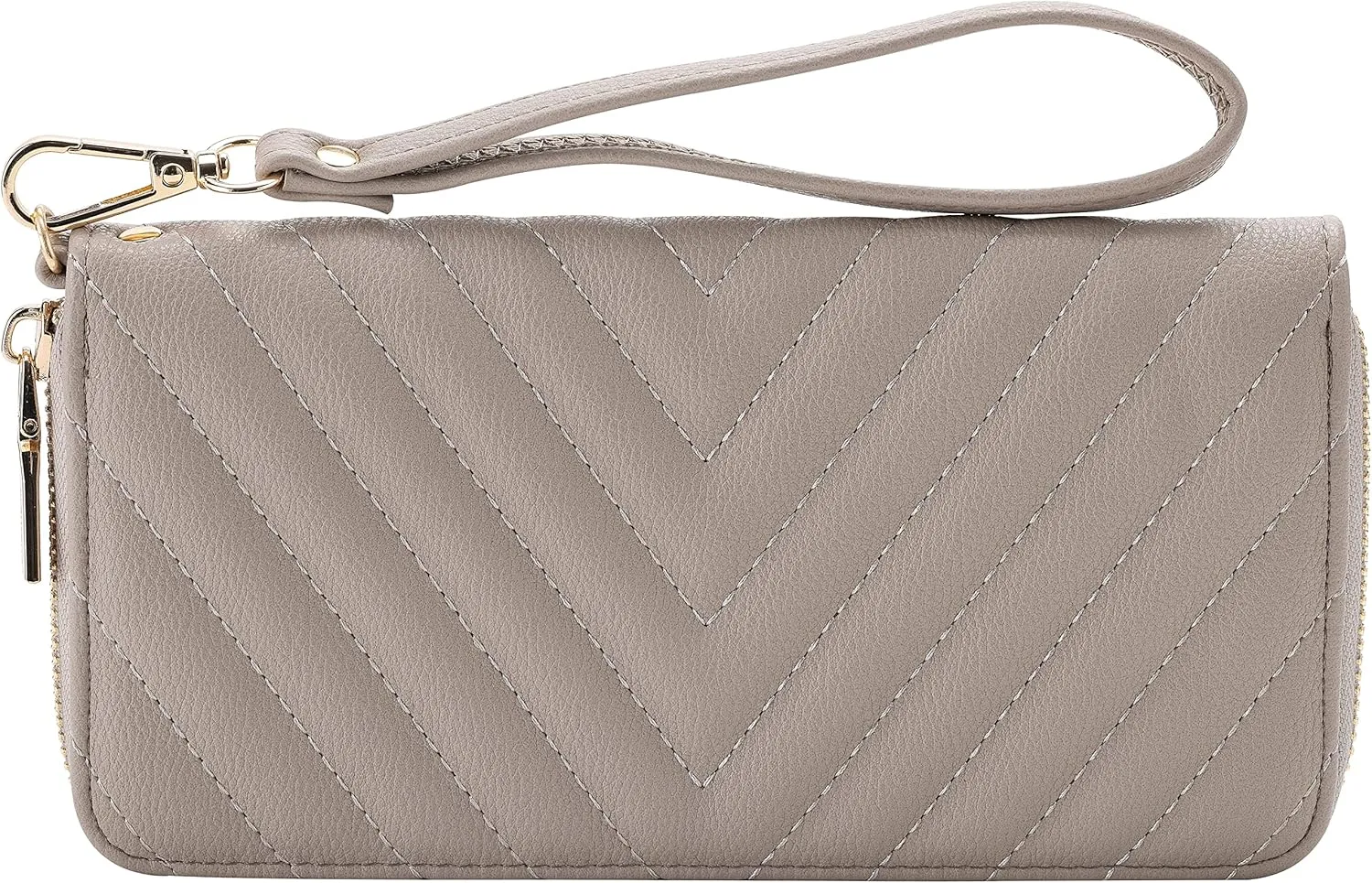 Brentano Vegan Leather Slim Single-Zipper Chevron Embroidered Wallet Clutch with Removable Wrist Strap (Almond Beige)