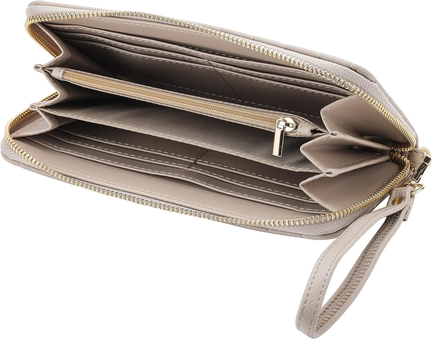 Brentano Vegan Leather Slim Single-Zipper Chevron Embroidered Wallet Clutch with Removable Wrist Strap (Almond Beige)