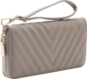 Brentano Vegan Leather Slim Single-Zipper Chevron Embroidered Wallet Clutch with Removable Wrist Strap (Almond Beige)