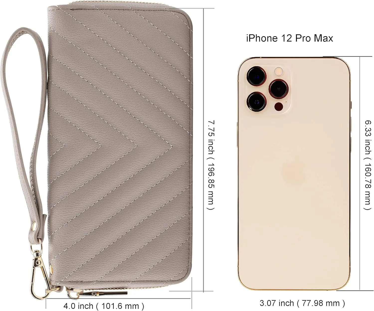 Brentano Vegan Leather Slim Single-Zipper Chevron Embroidered Wallet Clutch with Removable Wrist Strap (Almond Beige)