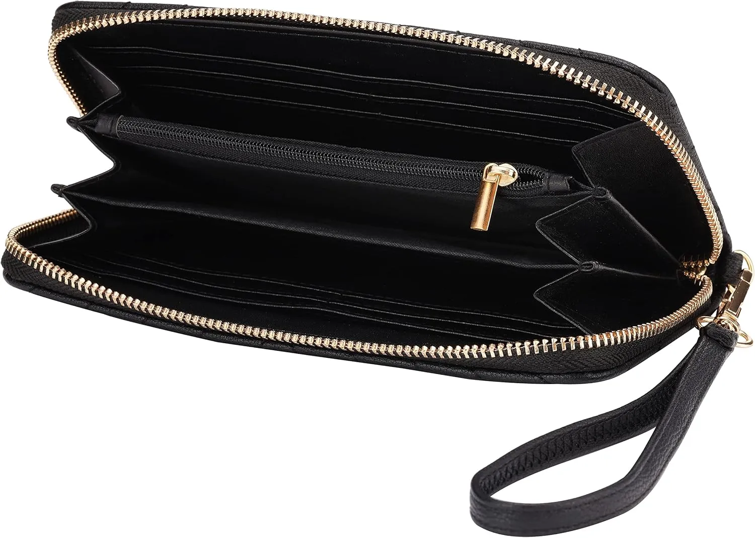 Brentano Vegan Leather Slim Single-Zipper Chevron Embroidered Wallet Clutch with Removable Wrist Strap (BLACK)