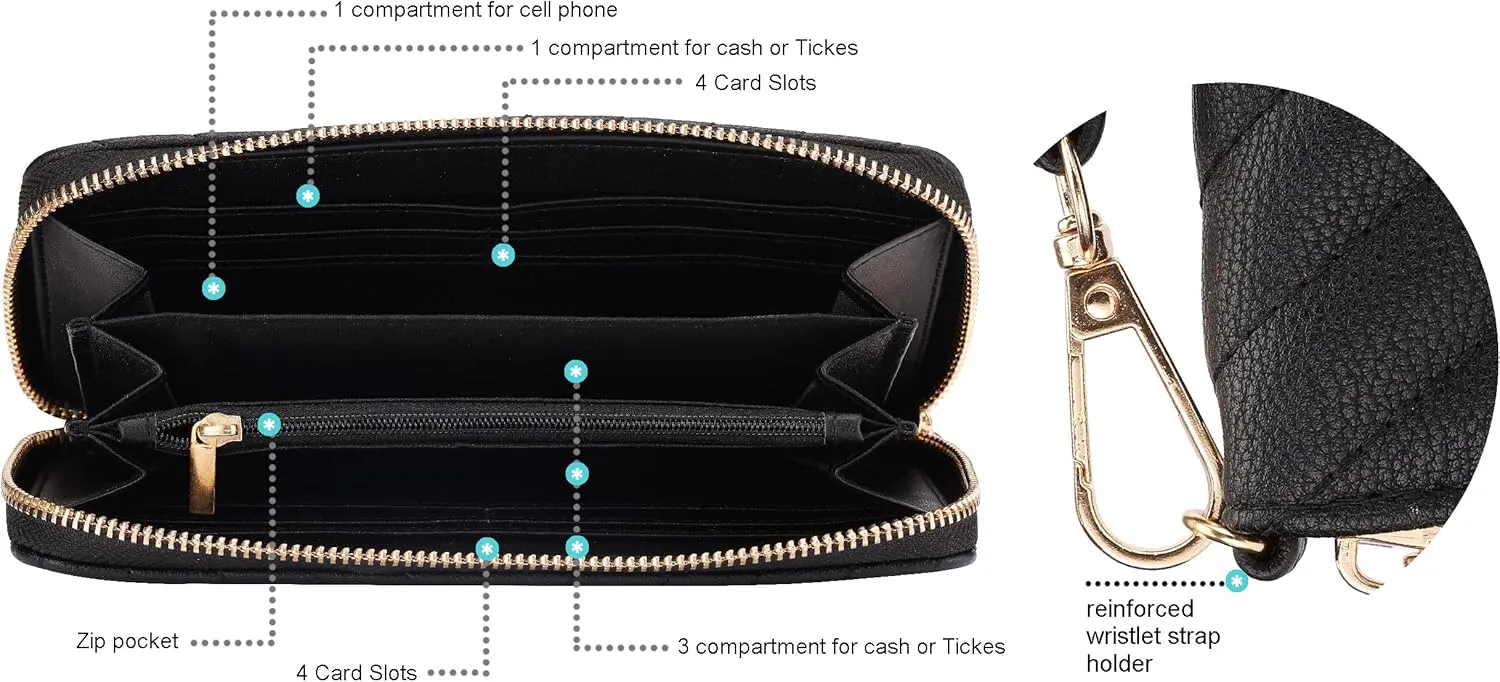 Brentano Vegan Leather Slim Single-Zipper Chevron Embroidered Wallet Clutch with Removable Wrist Strap (BLACK)
