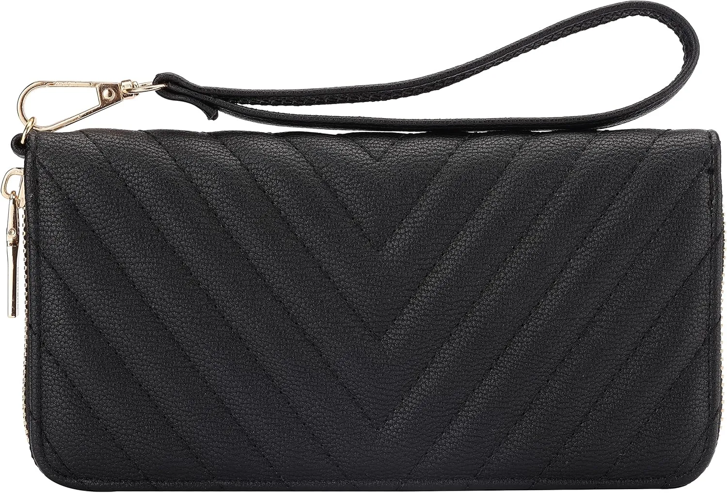 Brentano Vegan Leather Slim Single-Zipper Chevron Embroidered Wallet Clutch with Removable Wrist Strap (BLACK)