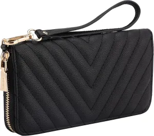 Brentano Vegan Leather Slim Single-Zipper Chevron Embroidered Wallet Clutch with Removable Wrist Strap (BLACK)