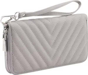 Brentano Vegan Leather Slim Single-Zipper Chevron Embroidered Wallet Clutch with Removable Wrist Strap (GRAY)