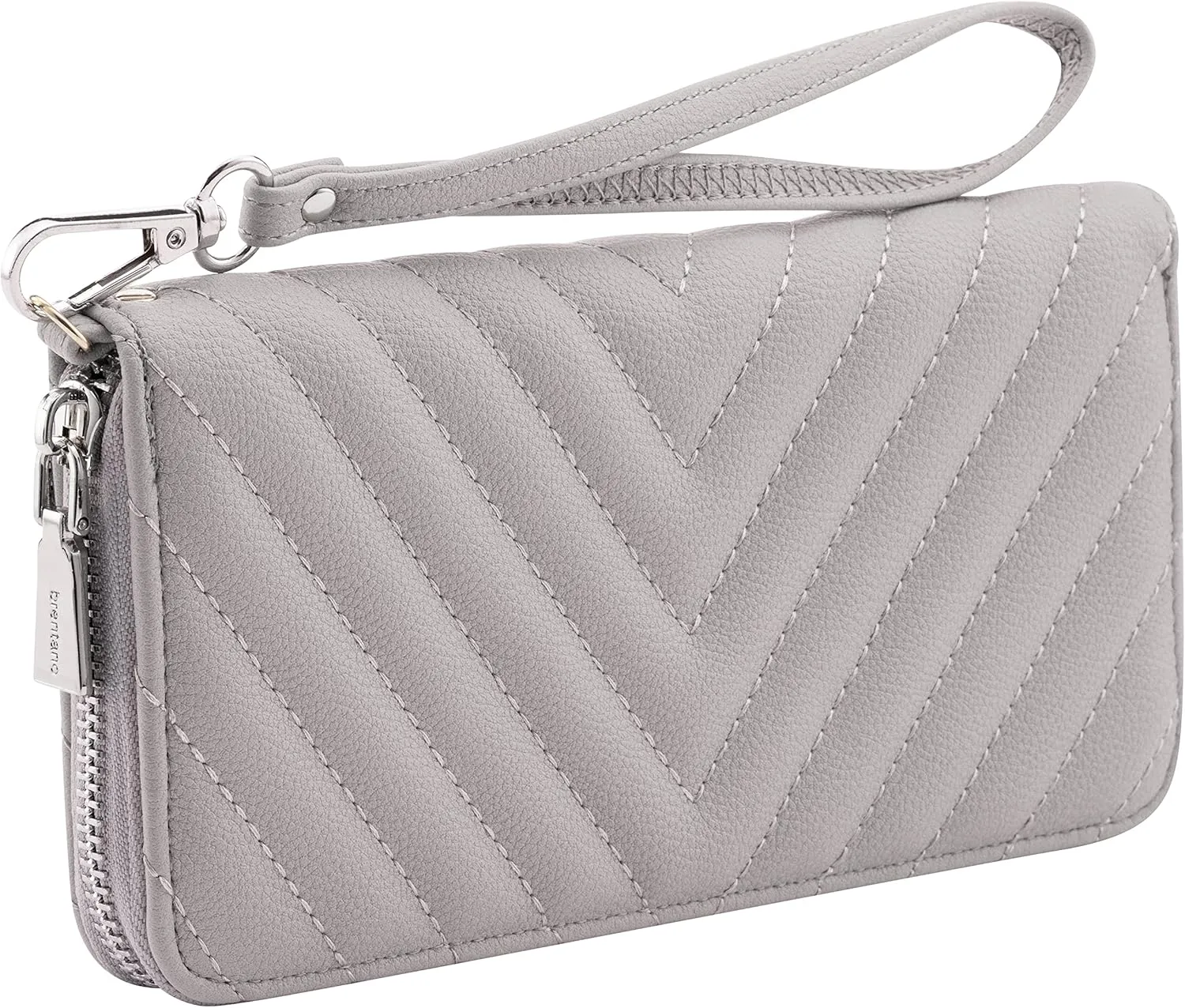 Brentano Vegan Leather Slim Single-Zipper Chevron Embroidered Wallet Clutch with Removable Wrist Strap (GRAY)