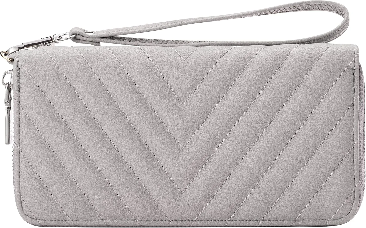 Brentano Vegan Leather Slim Single-Zipper Chevron Embroidered Wallet Clutch with Removable Wrist Strap (GRAY)