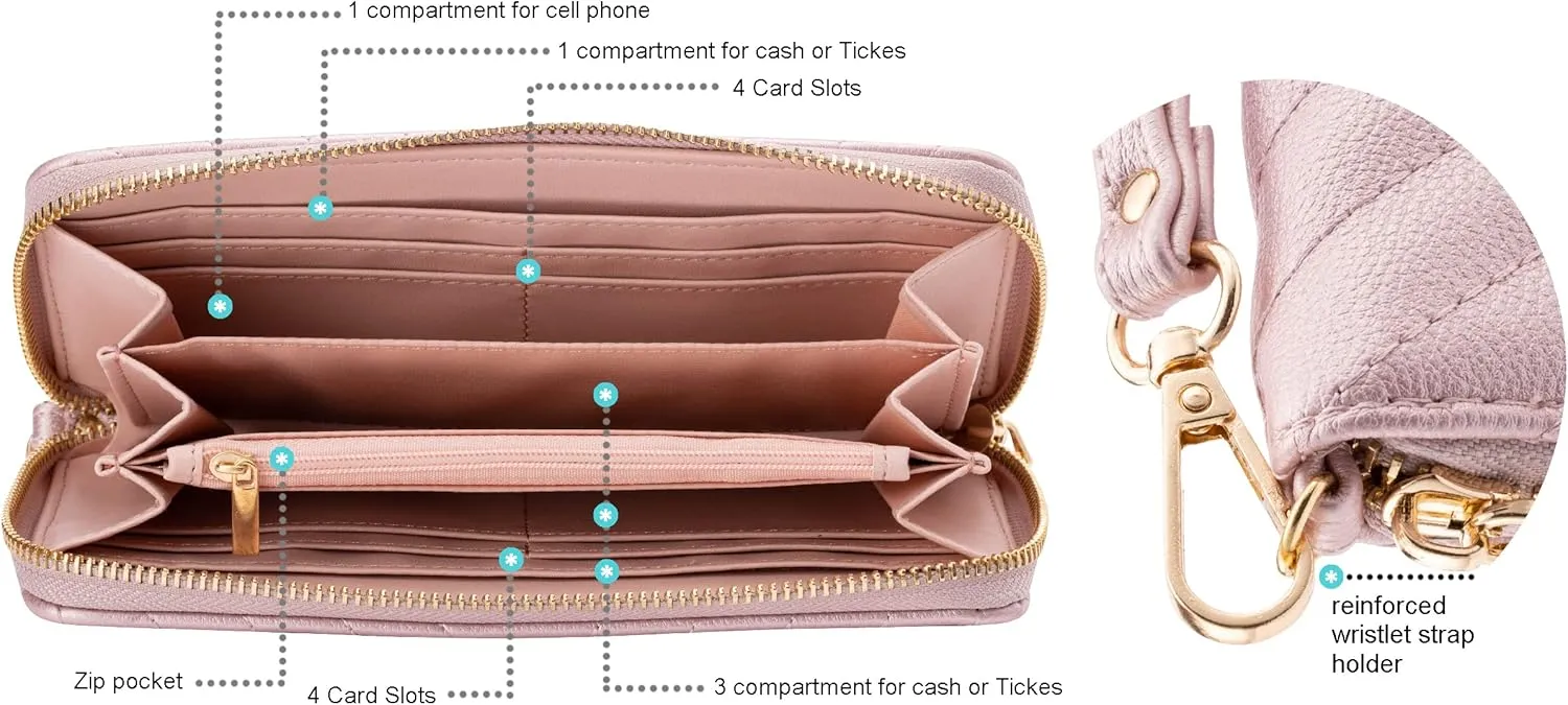 Brentano Vegan Leather Slim Single-Zipper Chevron Embroidered Wallet Clutch with Removable Wrist Strap (PINK GOLD)