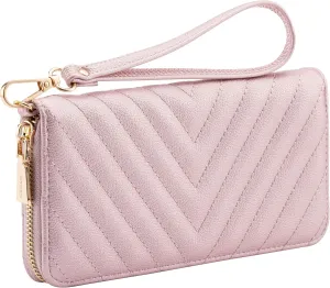 Brentano Vegan Leather Slim Single-Zipper Chevron Embroidered Wallet Clutch with Removable Wrist Strap (PINK GOLD)