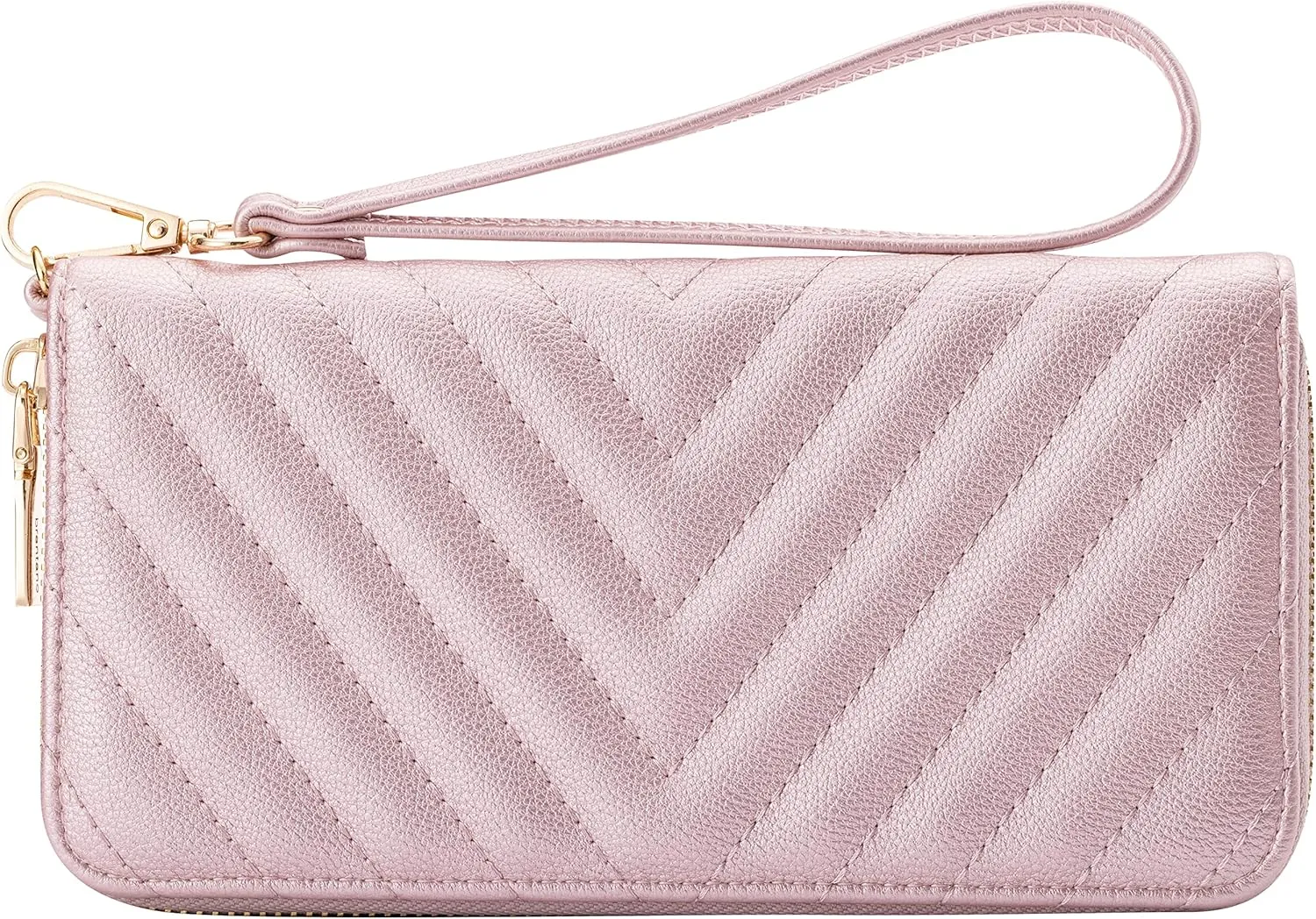 Brentano Vegan Leather Slim Single-Zipper Chevron Embroidered Wallet Clutch with Removable Wrist Strap (PINK GOLD)