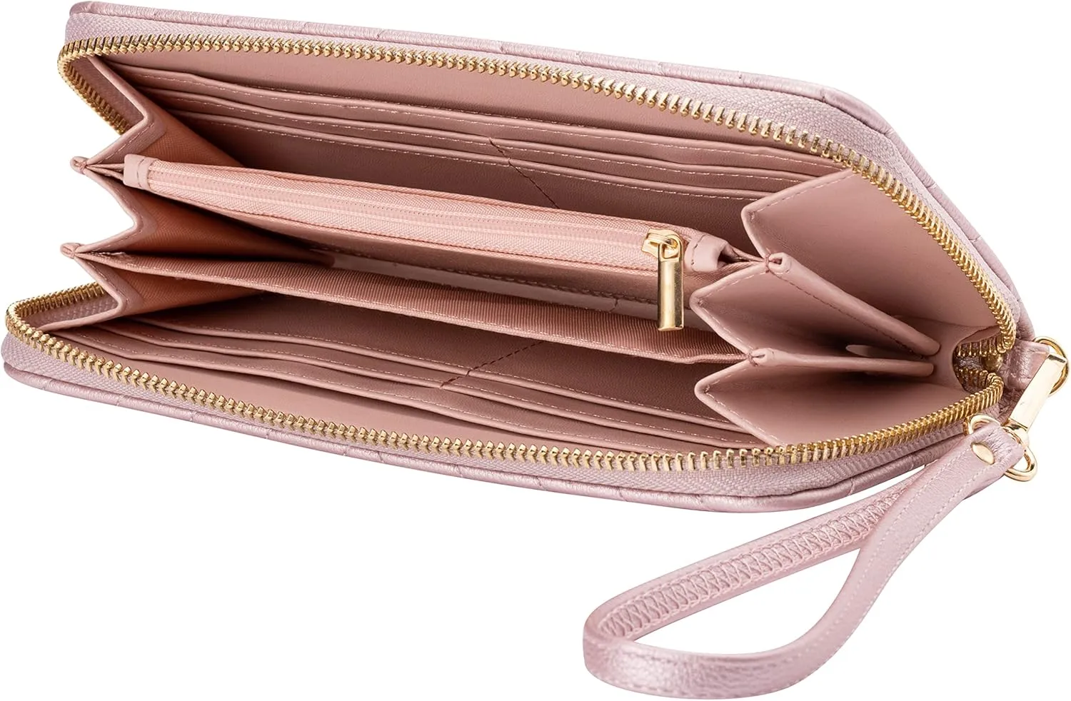 Brentano Vegan Leather Slim Single-Zipper Chevron Embroidered Wallet Clutch with Removable Wrist Strap (PINK GOLD)