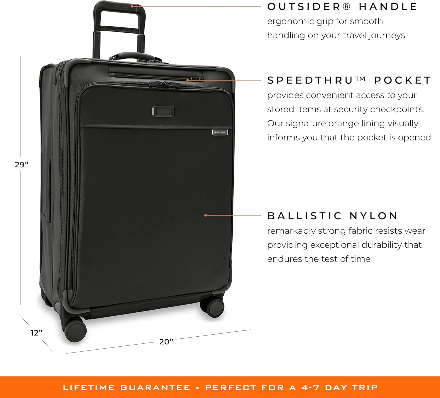 Briggs & Riley 29" Large Expandable Spinner - Checked Luggage for Travel, Suitcases with Wheels, Softside Rolling Bag for Men & Women, Self-Repairing Zipper - Baseline Collection, Black