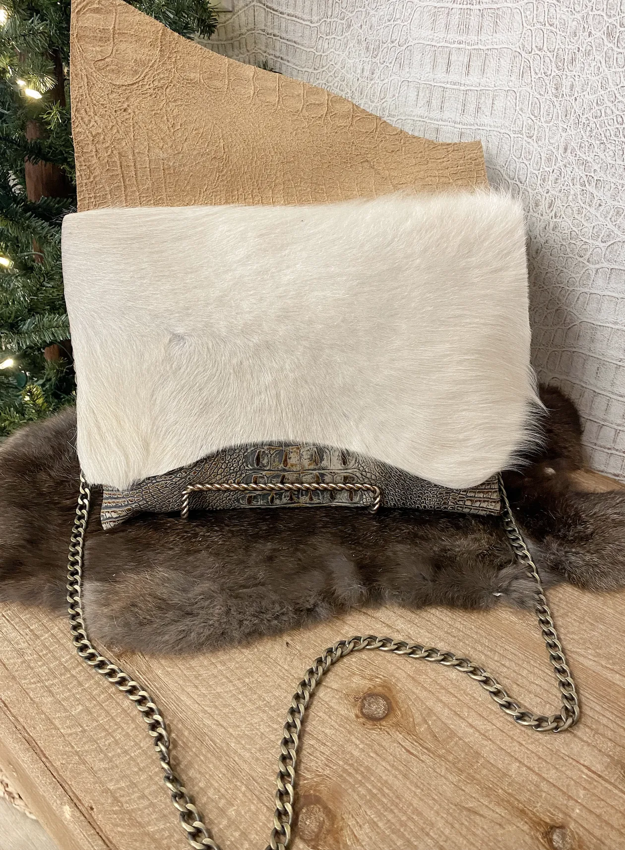 Brown/Grey Croc with White Hide Clutch/Crossbody