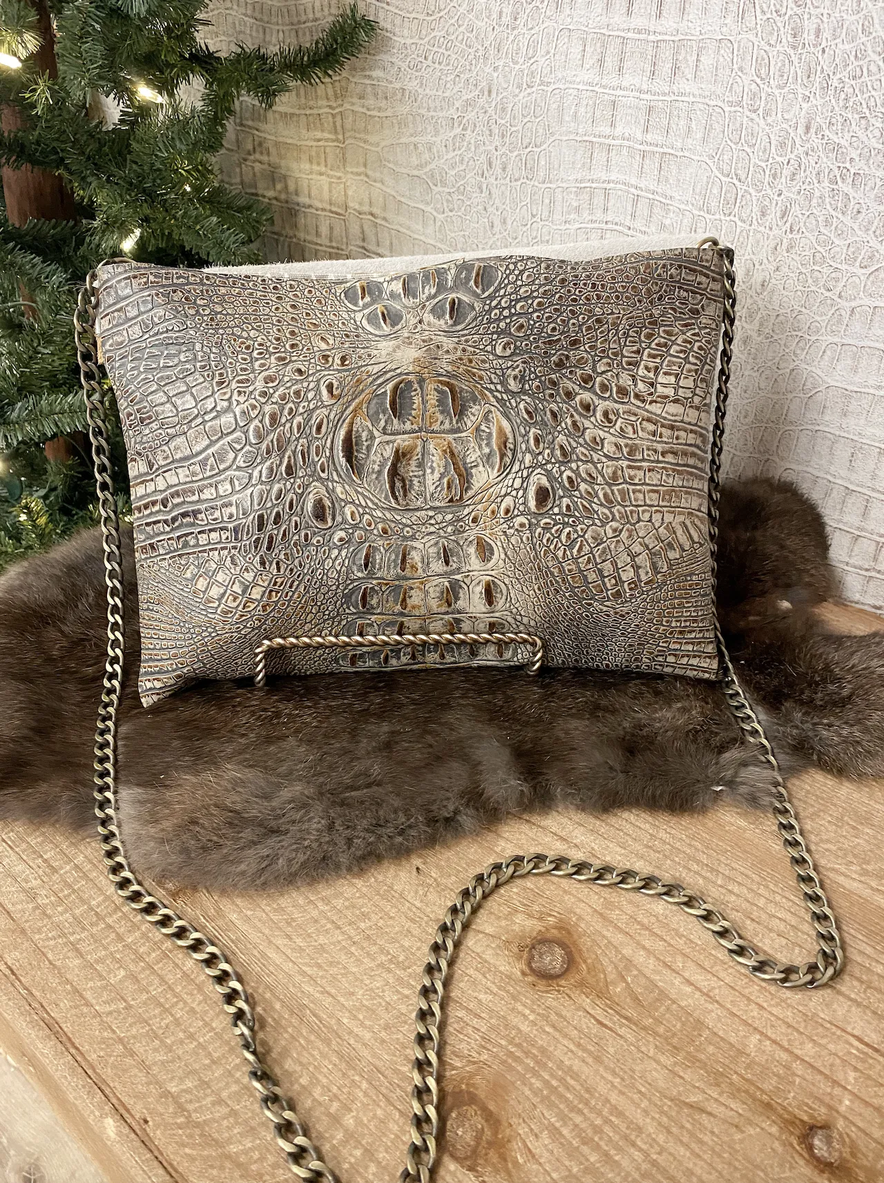 Brown/Grey Croc with White Hide Clutch/Crossbody