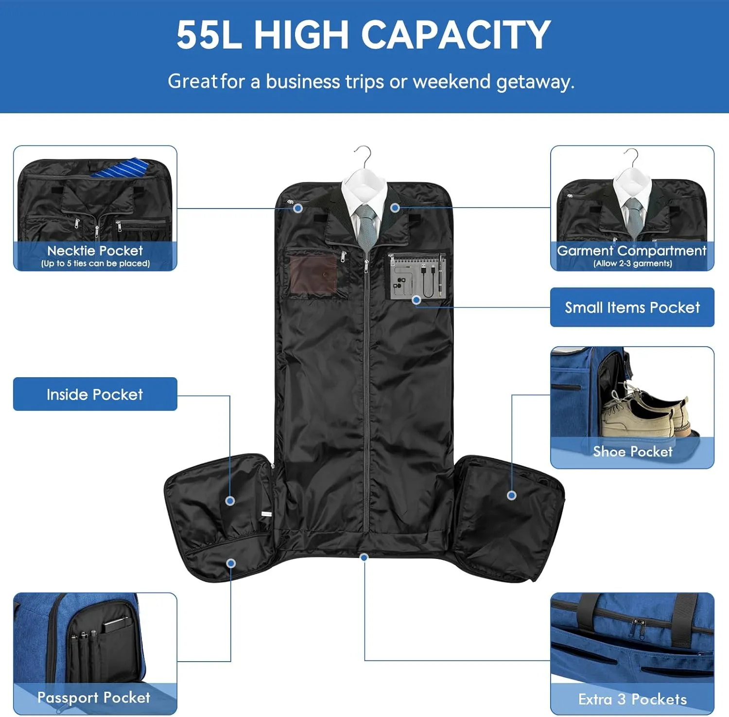 Bukere Garment Bag with Wheels, Rolling Travel Garment Duffle Bag with Shoes Compartment, Convertible 3 in 1 Suit Dress Bags for Men Women Business