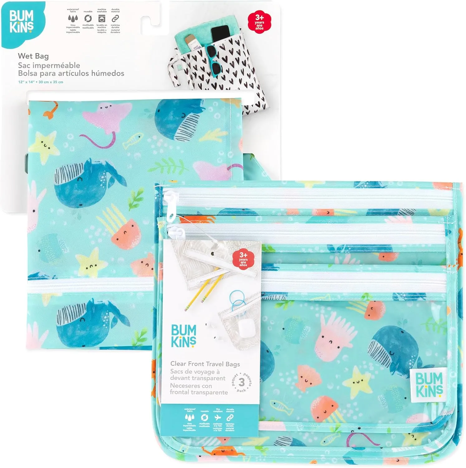 Bumkins Waterproof Wet Bag and Packing Pouches, TSA Airline Compliant, Pack for Baby, Travel, Swim Suit, Cloth Diapers, Pump Parts, Pool, Gym Clothes, Toiletry, Daycare, Zip Bag, 4-pc Ocean Life Blue