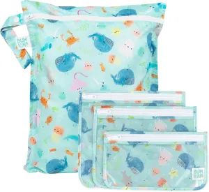 Bumkins Waterproof Wet Bag and Packing Pouches, TSA Airline Compliant, Pack for Baby, Travel, Swim Suit, Cloth Diapers, Pump Parts, Pool, Gym Clothes, Toiletry, Daycare, Zip Bag, 4-pc Ocean Life Blue