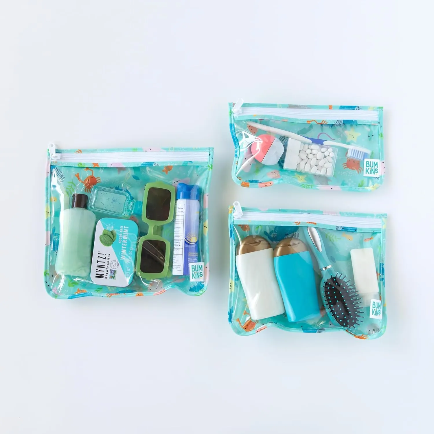 Bumkins Waterproof Wet Bag and Packing Pouches, TSA Airline Compliant, Pack for Baby, Travel, Swim Suit, Cloth Diapers, Pump Parts, Pool, Gym Clothes, Toiletry, Daycare, Zip Bag, 4-pc Ocean Life Blue