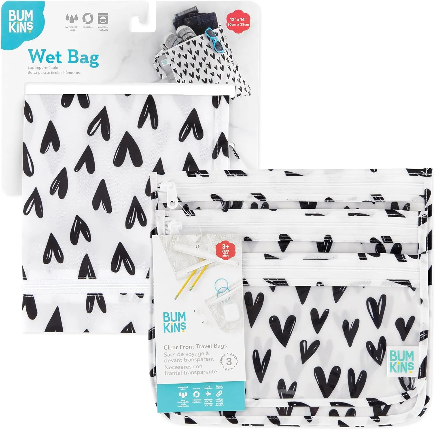 Bumkins Waterproof Wet Bag and Packing Pouches, TSA Airline Compliant, Pack for Baby, Travel, Swim Suit, Cloth Diapers, Pump Parts, Pool, Gym Clothes, Toiletry, Daycare, Zip Bag, 4-pc Set Black Hearts