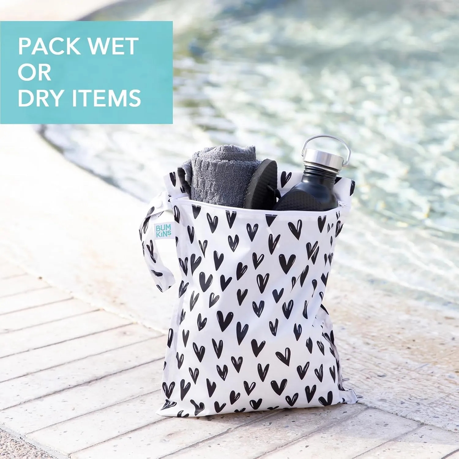 Bumkins Waterproof Wet Bag and Packing Pouches, TSA Airline Compliant, Pack for Baby, Travel, Swim Suit, Cloth Diapers, Pump Parts, Pool, Gym Clothes, Toiletry, Daycare, Zip Bag, 4-pc Set Black Hearts