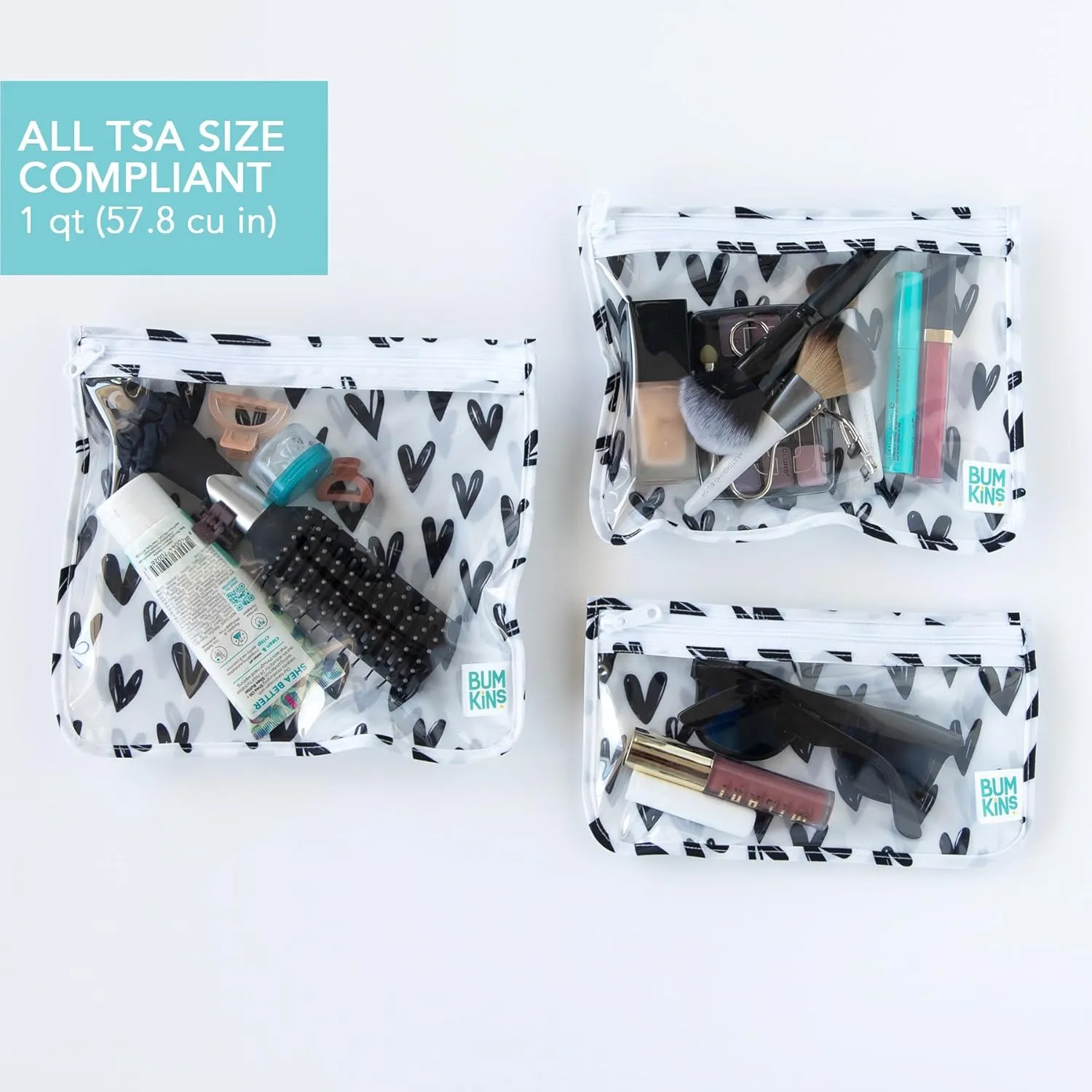 Bumkins Waterproof Wet Bag and Packing Pouches, TSA Airline Compliant, Pack for Baby, Travel, Swim Suit, Cloth Diapers, Pump Parts, Pool, Gym Clothes, Toiletry, Daycare, Zip Bag, 4-pc Set Black Hearts