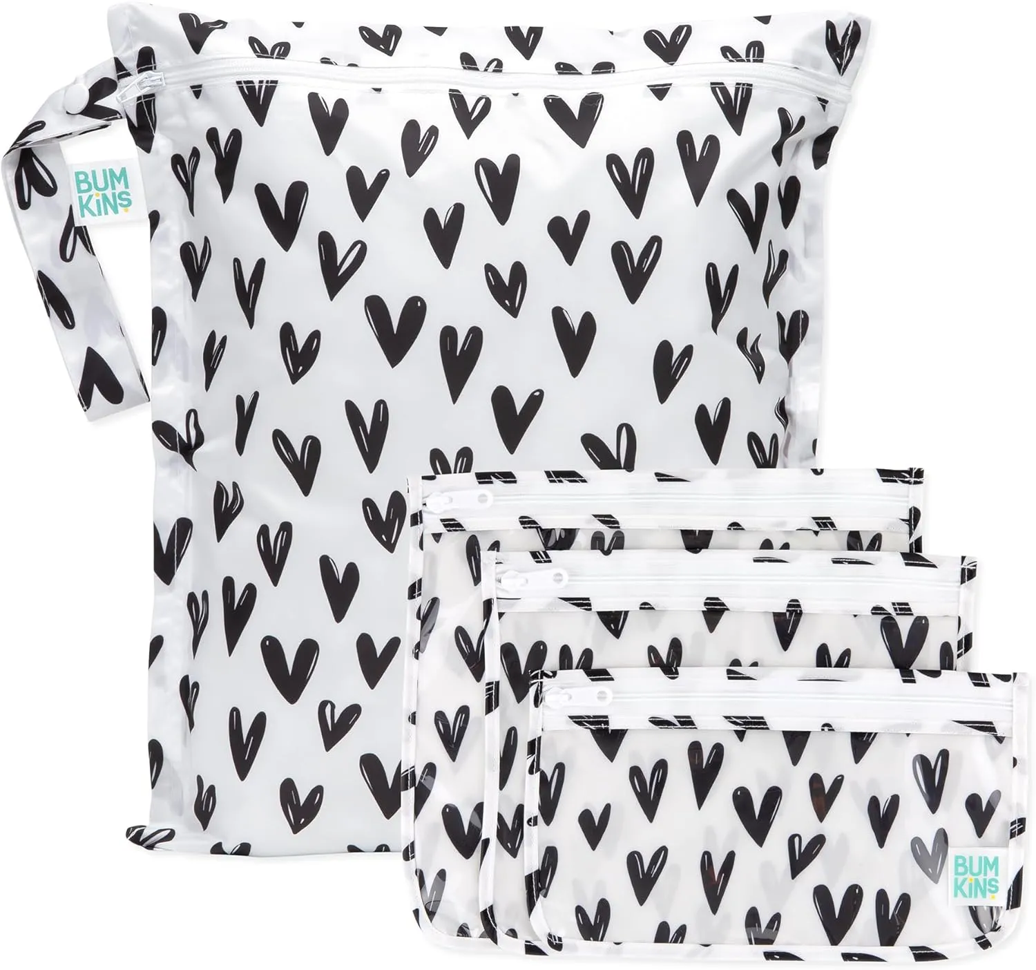 Bumkins Waterproof Wet Bag and Packing Pouches, TSA Airline Compliant, Pack for Baby, Travel, Swim Suit, Cloth Diapers, Pump Parts, Pool, Gym Clothes, Toiletry, Daycare, Zip Bag, 4-pc Set Black Hearts