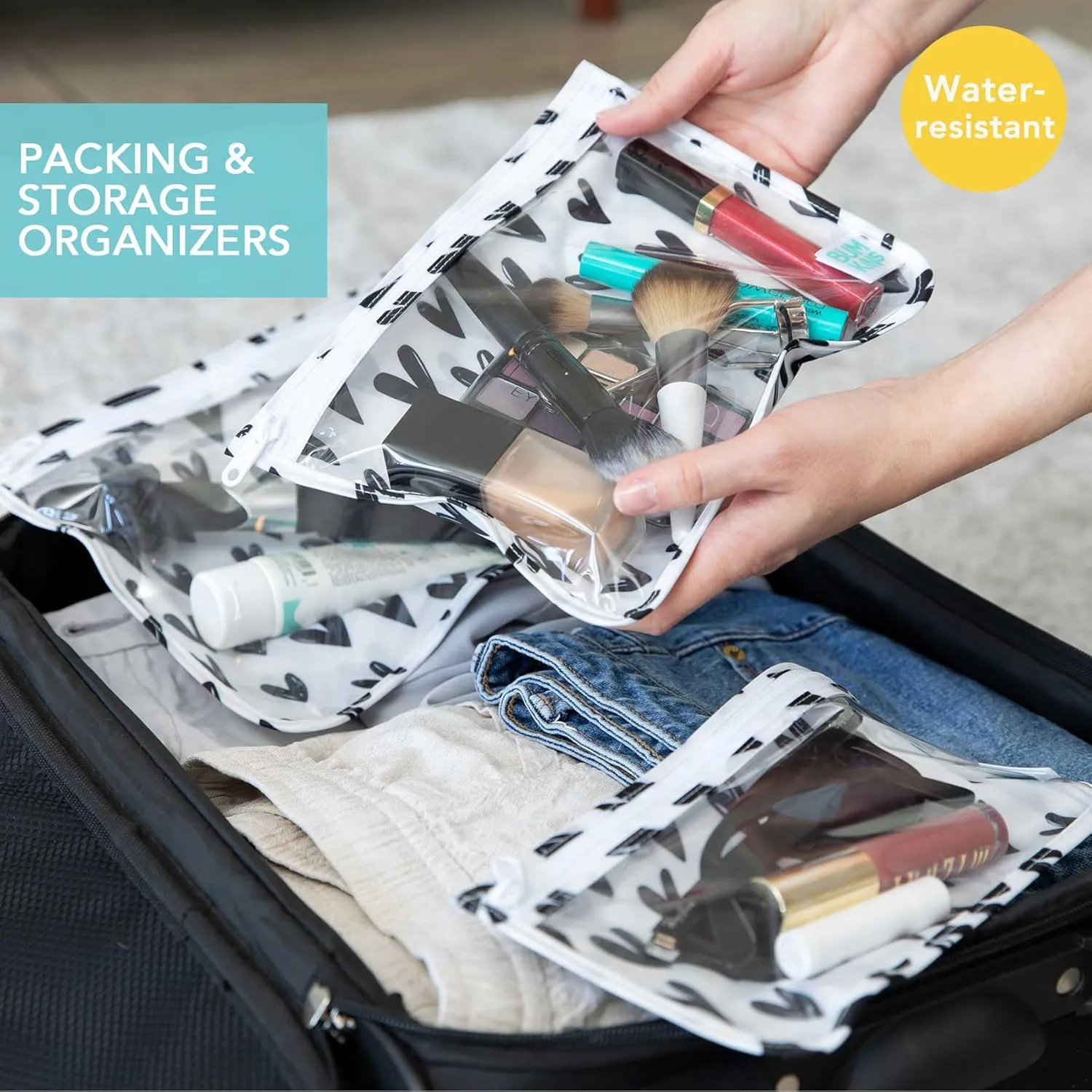 Bumkins Waterproof Wet Bag and Packing Pouches, TSA Airline Compliant, Pack for Baby, Travel, Swim Suit, Cloth Diapers, Pump Parts, Pool, Gym Clothes, Toiletry, Daycare, Zip Bag, 4-pc Set Black Hearts