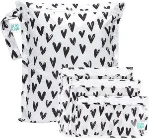 Bumkins Waterproof Wet Bag and Packing Pouches, TSA Airline Compliant, Pack for Baby, Travel, Swim Suit, Cloth Diapers, Pump Parts, Pool, Gym Clothes, Toiletry, Daycare, Zip Bag, 4-pc Set Black Hearts