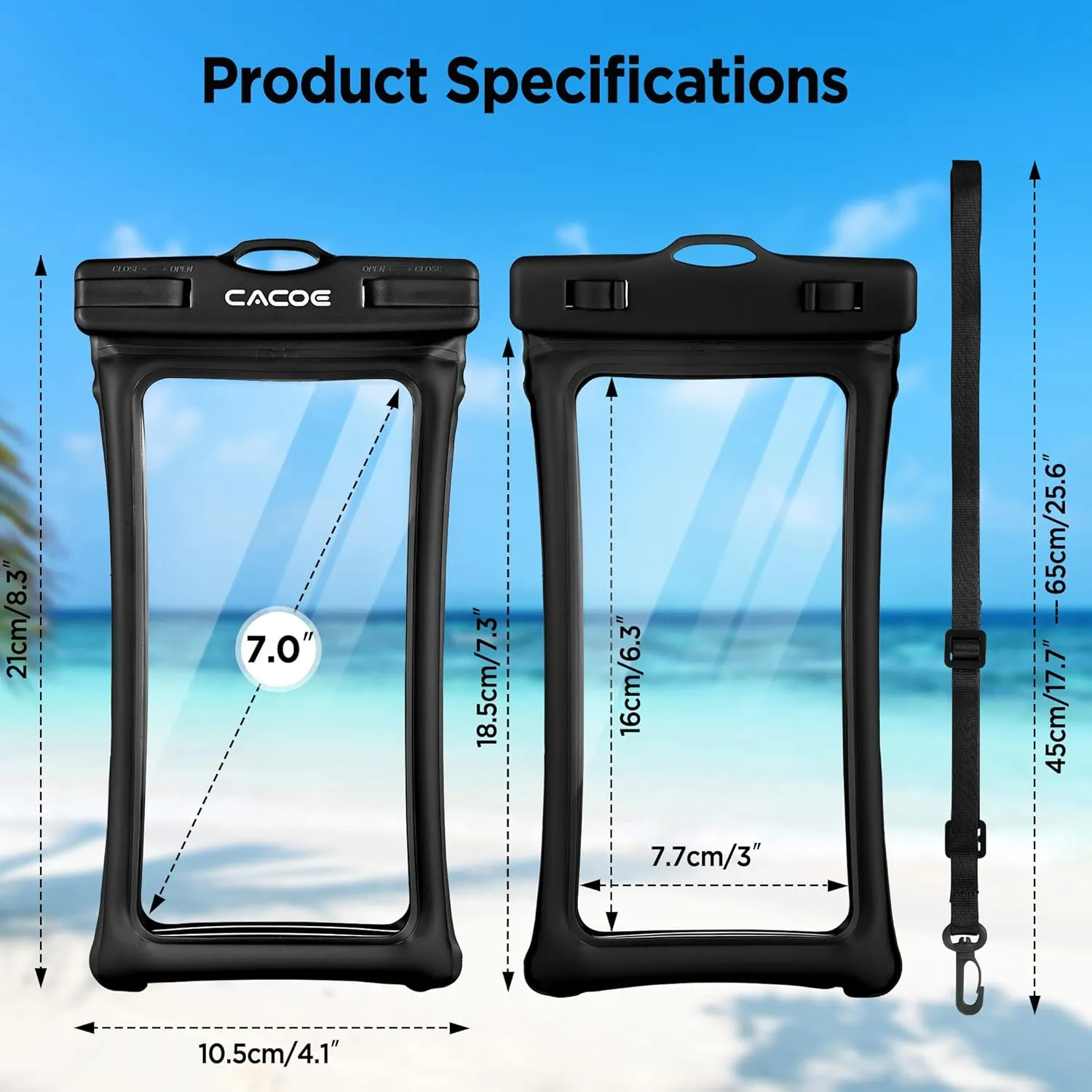 CACOE [Floatable] Floating Universal Waterproof Phone case 2 Pack-Up to 7.0",Phone Pouch with Adjustable Neck Lanyard,IPX8 Cellphone Dry Bags for Vacation Water Activities（Black White）