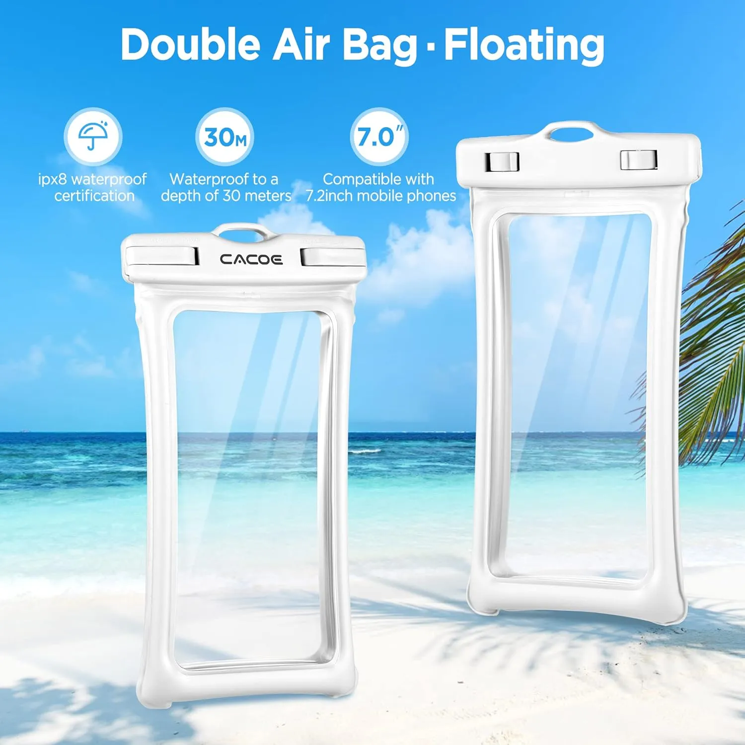 CACOE [Floatable] Floating Universal Waterproof Phone case 2 Pack-Up to 7.0",Phone Pouch with Adjustable Neck Lanyard,IPX8 Cellphone Dry Bags for Vacation Water Activities（Black White）