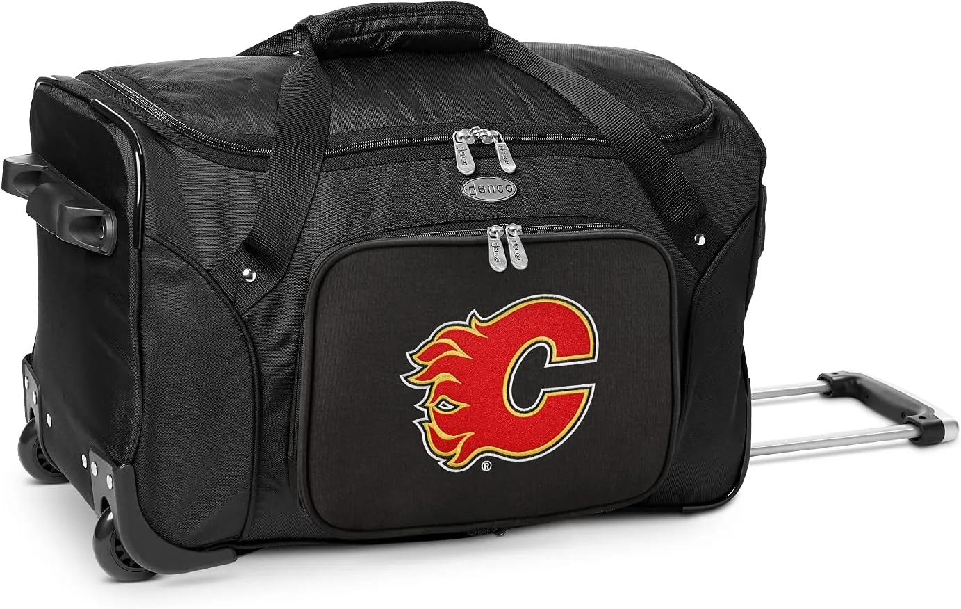 Calgary Flames Lightweight 22-inch Wheeled Duffel Bag with Telescopic Handle - Perfect Overnight Bag for Travel, Weekend Getaways, Airports, Gym, and Commuting