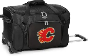 Calgary Flames Lightweight 22-inch Wheeled Duffel Bag with Telescopic Handle - Perfect Overnight Bag for Travel, Weekend Getaways, Airports, Gym, and Commuting