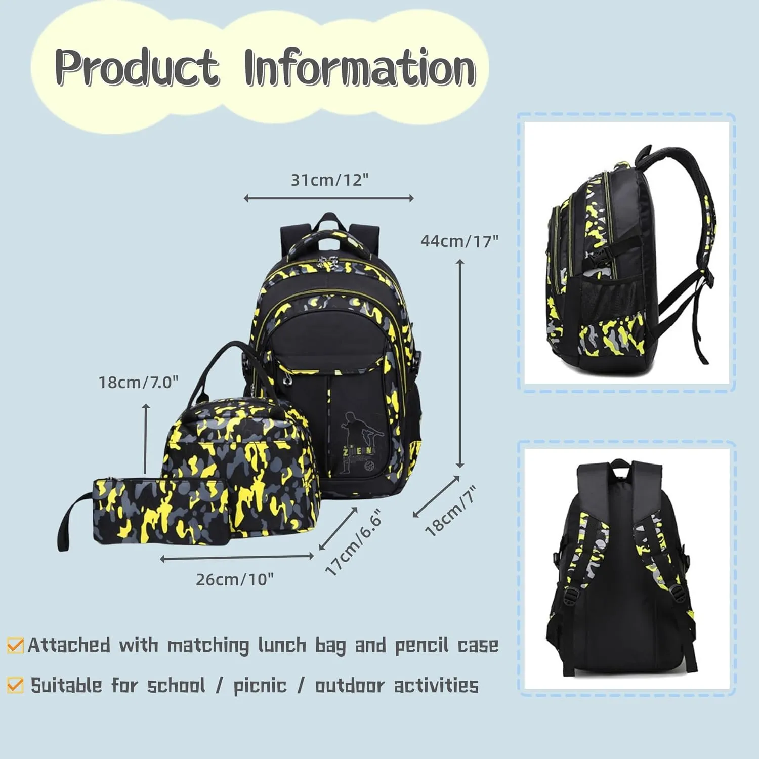 Camo-Print Kids Backpack and Lunch-Bag Set for Boys, 3Pcs Camouflage Elementary Bookbag Boys Backpacks Lunchbox Combo Water-resistant