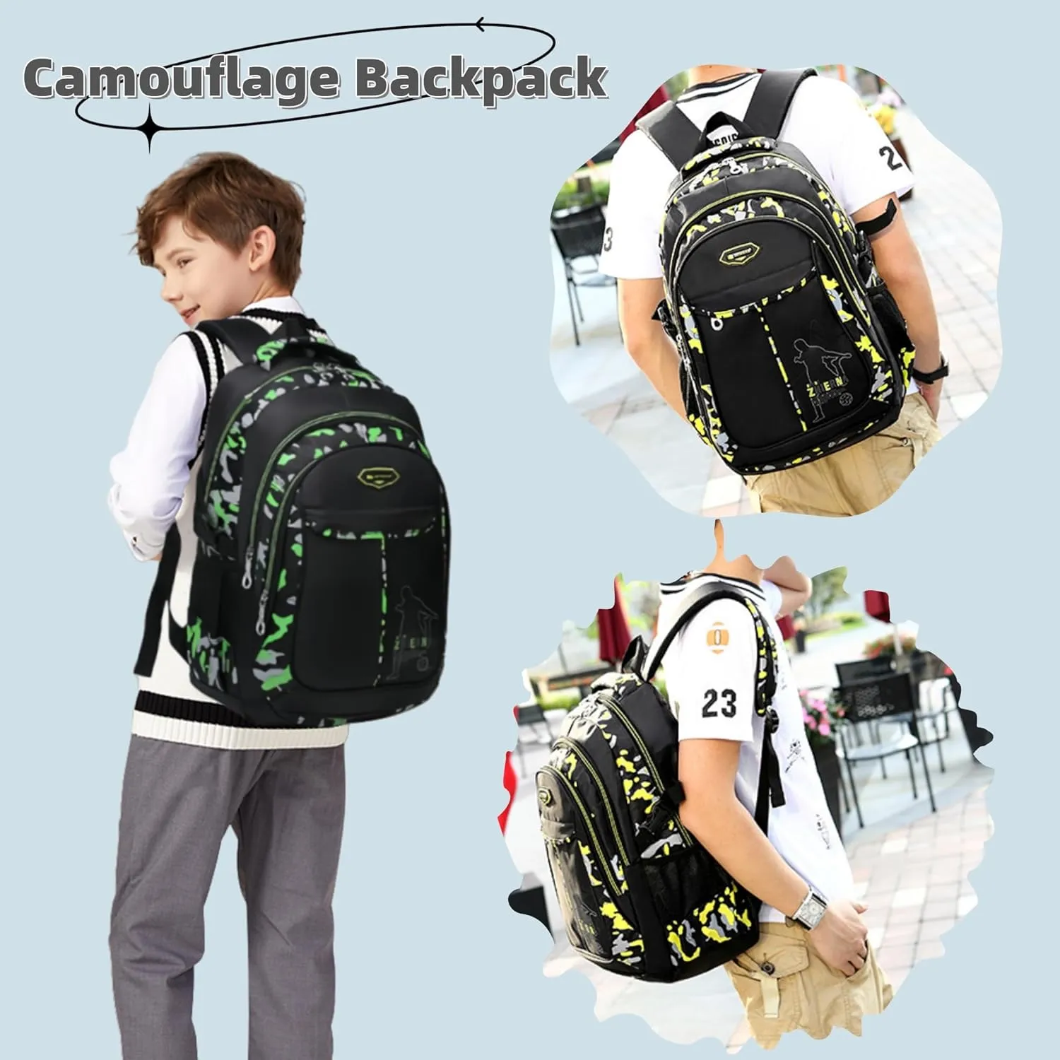 Camo-Print Kids Backpack and Lunch-Bag Set for Boys, 3Pcs Camouflage Elementary Bookbag Boys Backpacks Lunchbox Combo Water-resistant
