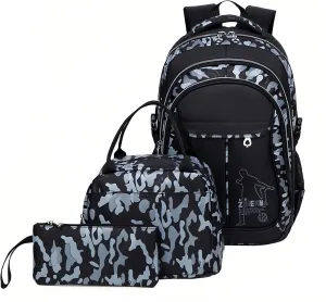Camo-Print Kids Backpack and Lunch-Bag Set for Boys, 3Pcs Camouflage Elementary Bookbag Boys Backpacks Lunchbox Combo Water-resistant