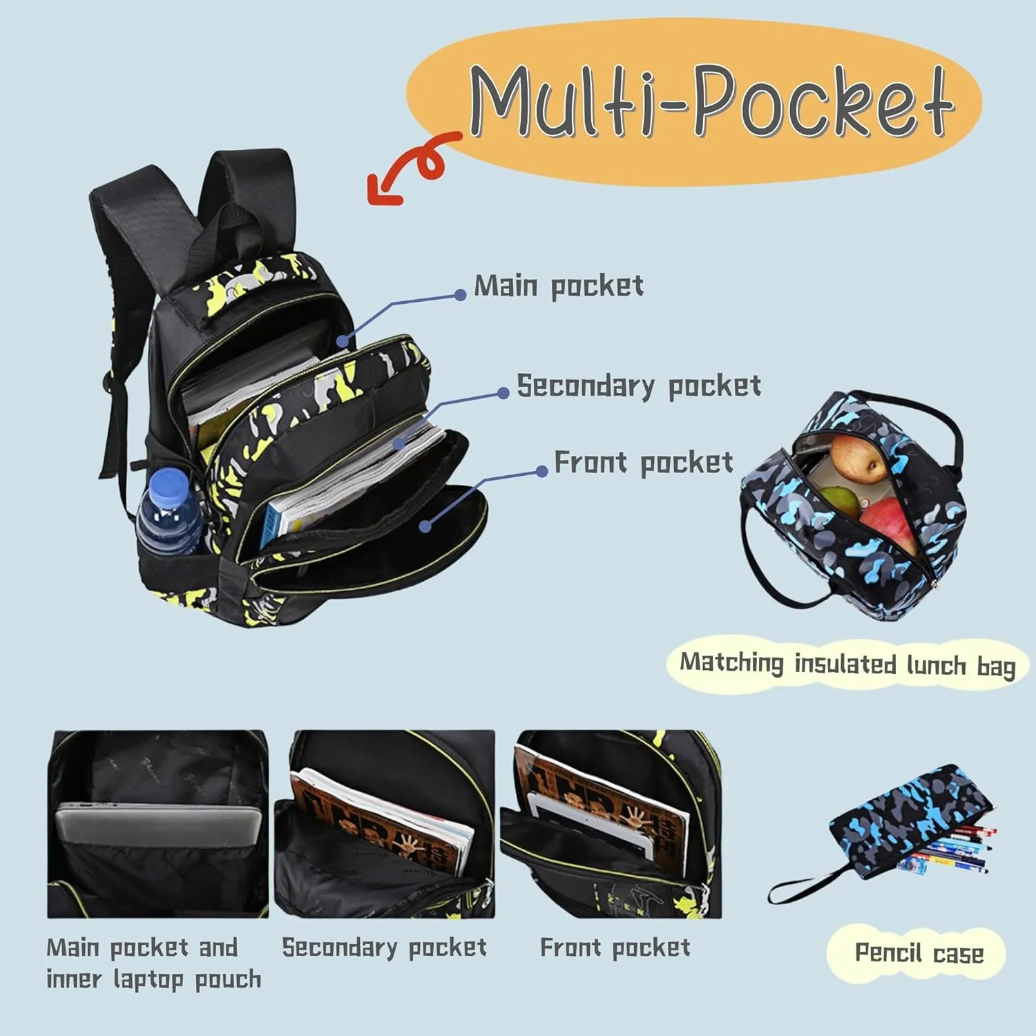 Camo-Print Kids Backpack and Lunch-Bag Set for Boys, 3Pcs Camouflage Elementary Bookbag Boys Backpacks Lunchbox Combo Water-resistant