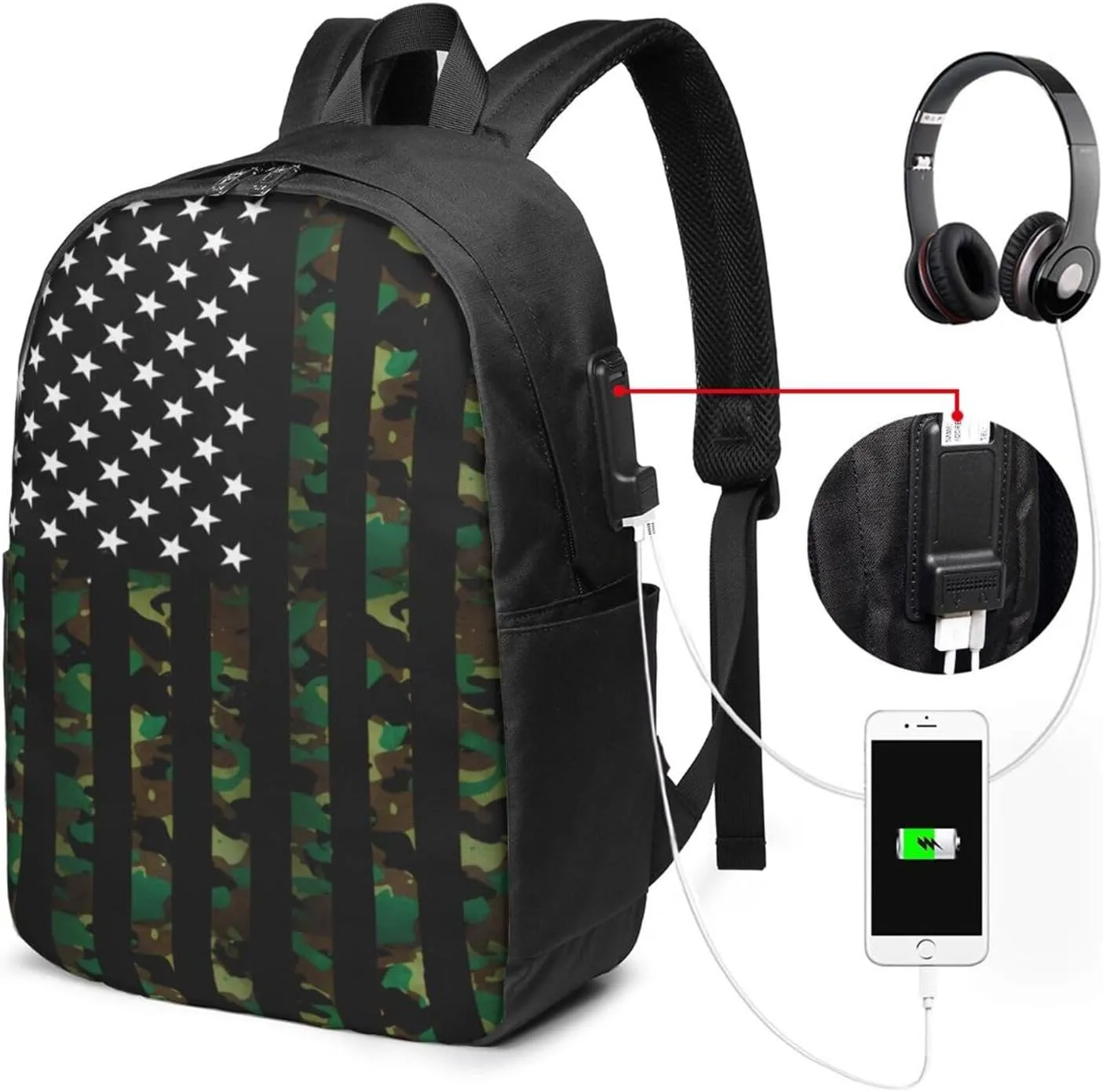 Camouflage American Flag Backpack 17 Inch Laptop Backpacks Outdoor Travel Rucksack Work Business Daypack with USB Port Carry On Bag for Cycling Hiking