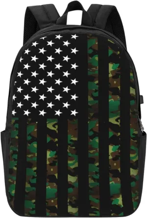 Camouflage American Flag Backpack 17 Inch Laptop Backpacks Outdoor Travel Rucksack Work Business Daypack with USB Port Carry On Bag for Cycling Hiking