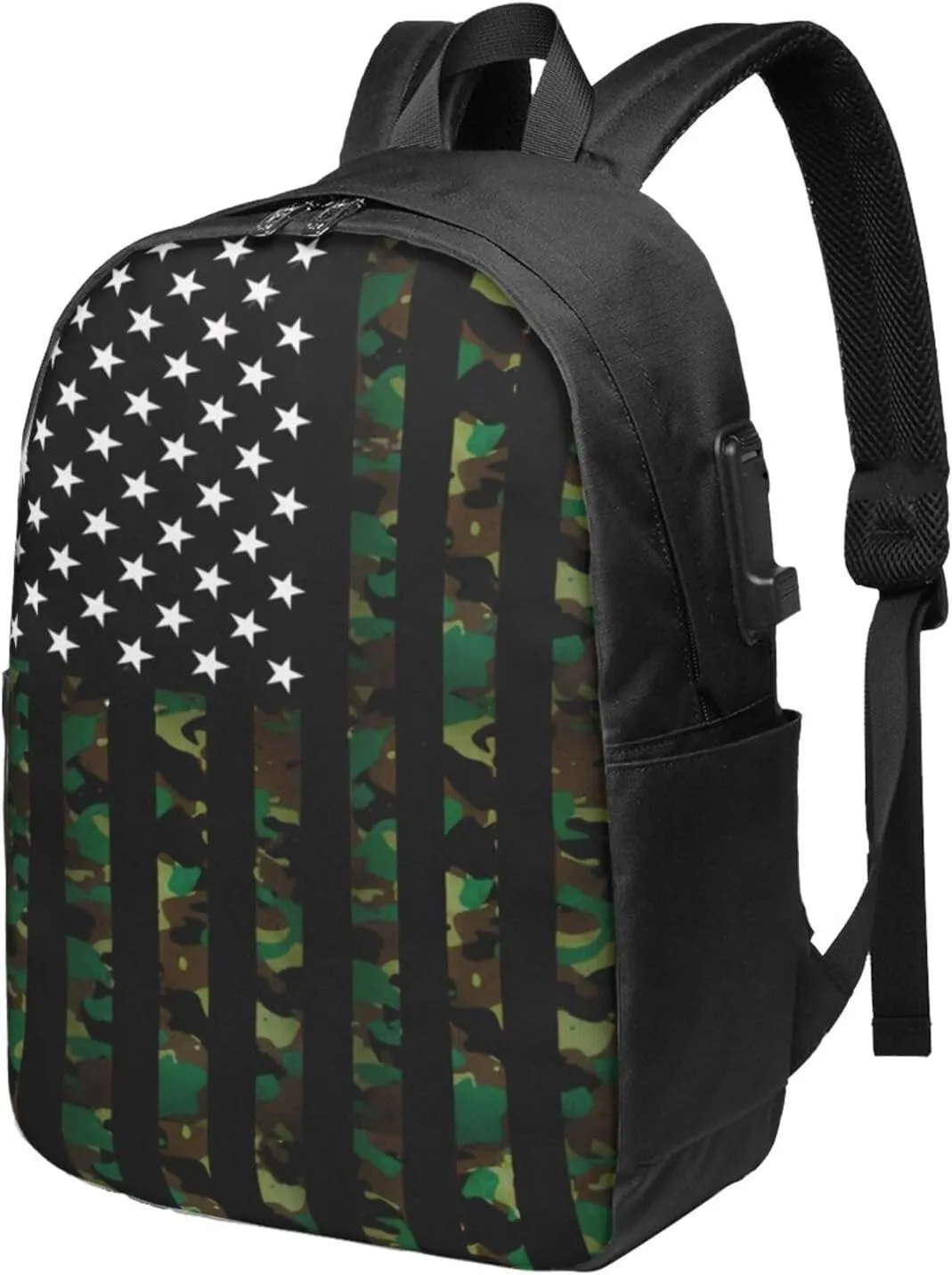 Camouflage American Flag Backpack 17 Inch Laptop Backpacks Outdoor Travel Rucksack Work Business Daypack with USB Port Carry On Bag for Cycling Hiking
