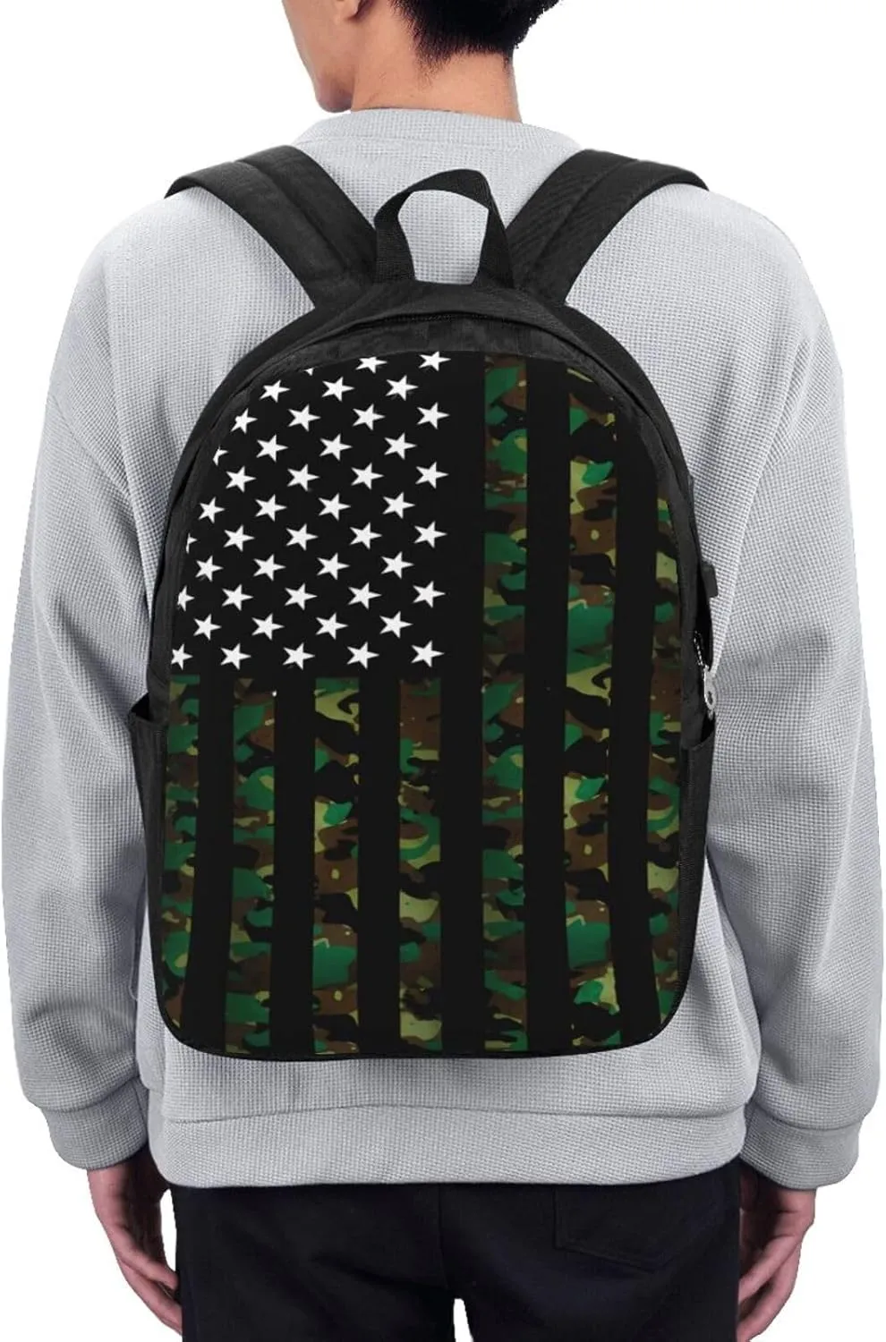 Camouflage American Flag Backpack 17 Inch Laptop Backpacks Outdoor Travel Rucksack Work Business Daypack with USB Port Carry On Bag for Cycling Hiking