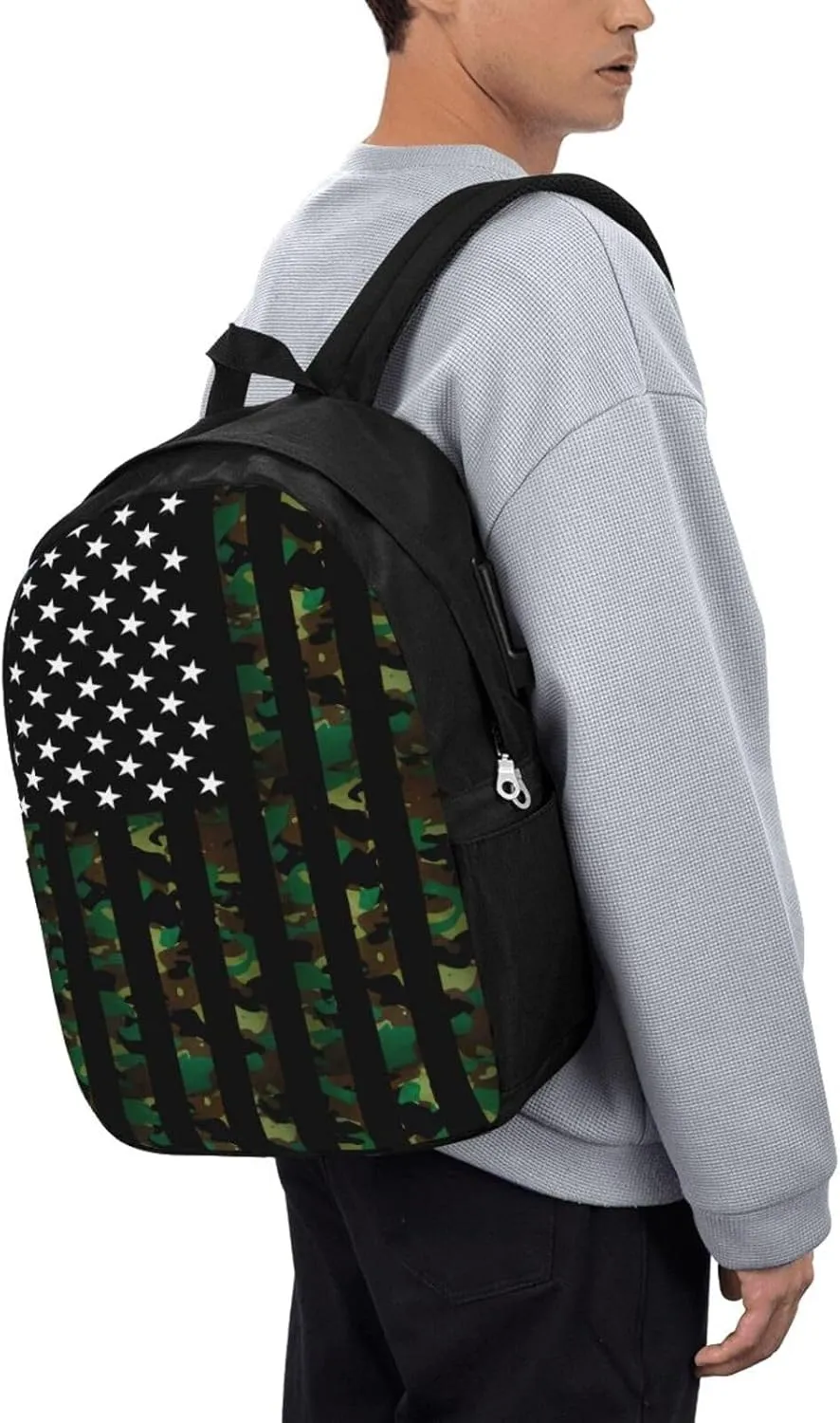 Camouflage American Flag Backpack 17 Inch Laptop Backpacks Outdoor Travel Rucksack Work Business Daypack with USB Port Carry On Bag for Cycling Hiking
