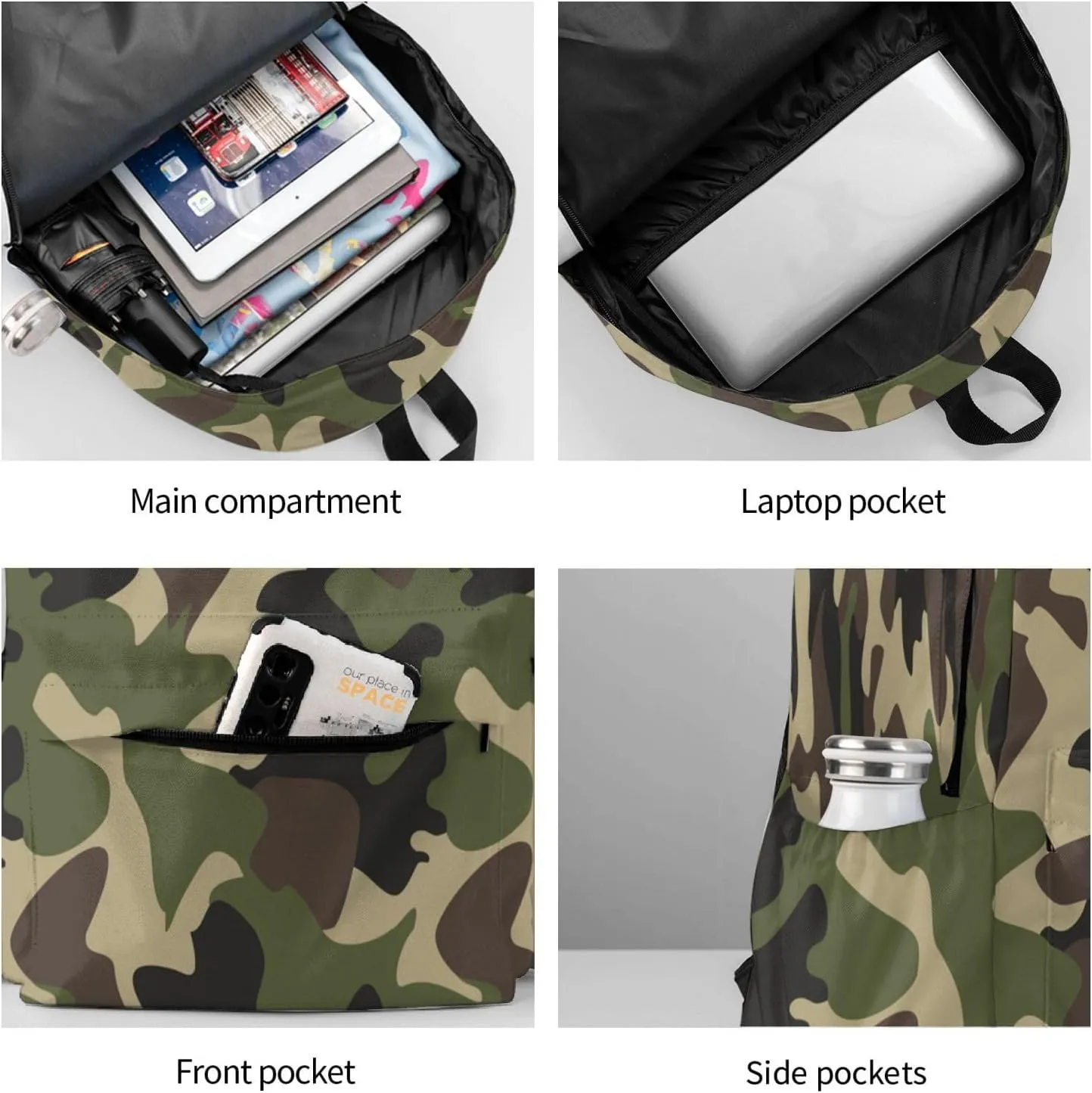 Camouflage Pattern Laptop Backpack For Men Women, Green Camo Lightweight Daypack Bookbag For Daily Commutes Business Travel Hiking