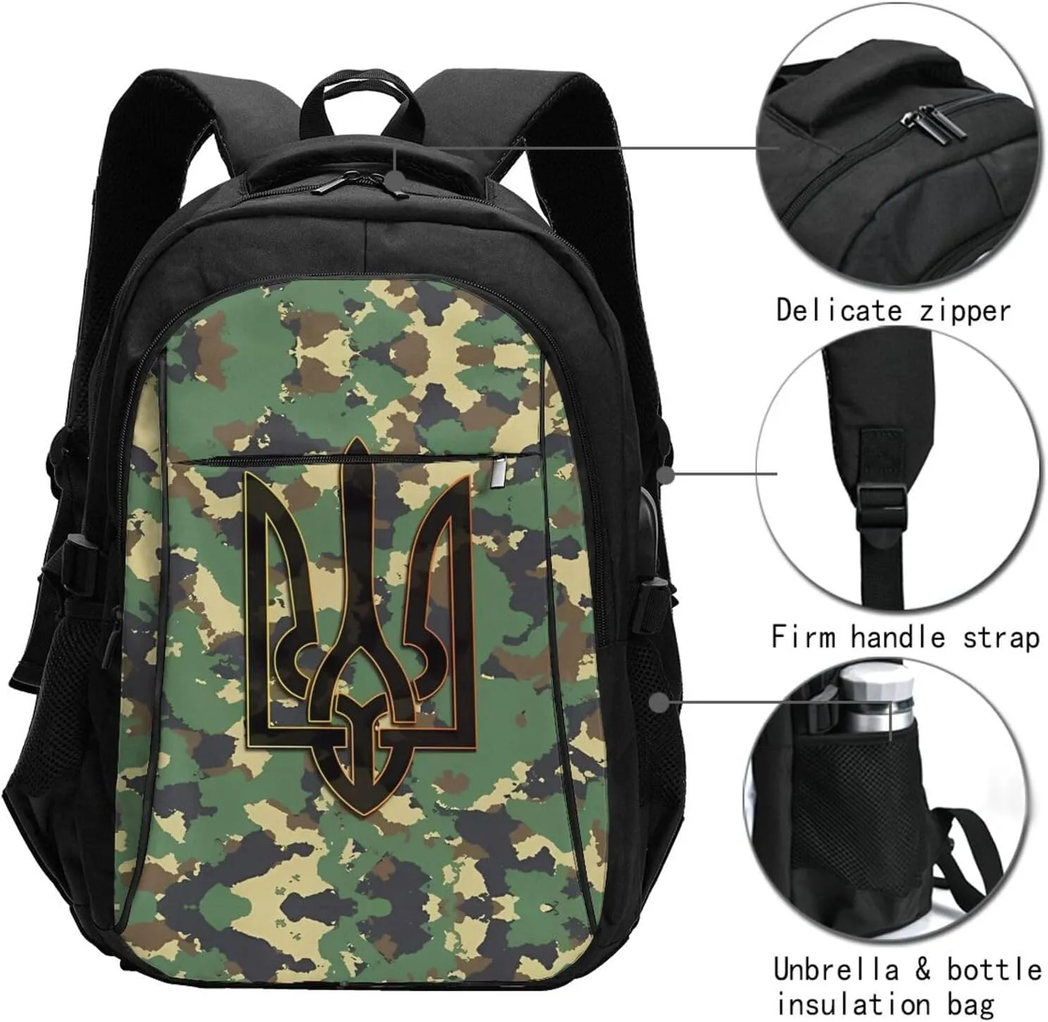 Camouflage Ukrainian Trident Flag Casual Travel Backpacks Hiking Camping Backpack Large Outdoor Sport Daypack Laptop Rucksack Climbing Working Bags with USB Port