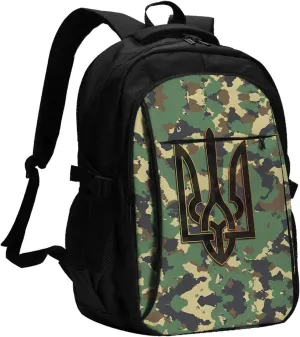 Camouflage Ukrainian Trident Flag Casual Travel Backpacks Hiking Camping Backpack Large Outdoor Sport Daypack Laptop Rucksack Climbing Working Bags with USB Port