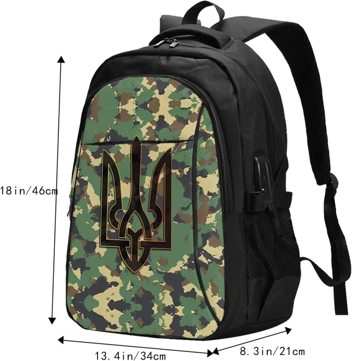 Camouflage Ukrainian Trident Flag Casual Travel Backpacks Hiking Camping Backpack Large Outdoor Sport Daypack Laptop Rucksack Climbing Working Bags with USB Port